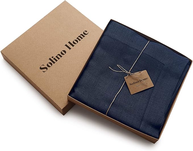 Solino Home Linen Tablecloth 60 x 108 Inch - Classic Hemstitch 100% Pure Linen Navy Blue Table Cloth for Rectangle Tables - Machine Washable Tablecloth for Winter, Easter