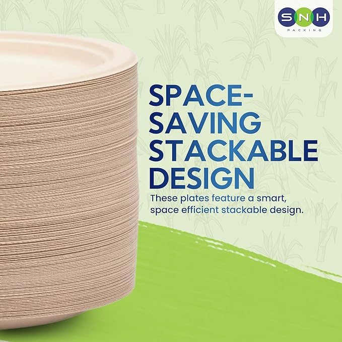 SNH Packing 100% Compostable Plates 7 Inch [125-Pack], Heavy Duty Dinner Paper Plates, Eco-Friendly Biodegradable Sugarcane Bagasse, Natural Brown Disposable Plates for Dessert, Party, BBQ & Picnic