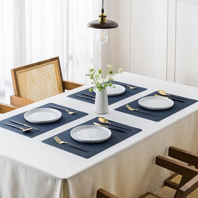 Jovono Faux Leather Placemats Set of 4, Waterproof Washable Table Mats, Easy-Clean Heat Resistant Kitchen Vinyl Place Mat for Dining Table, Restaurant, Indoor, 17.8"x11.8", Blue