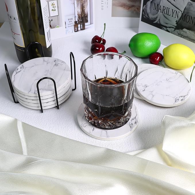 Ceramic Coaster Set of 8, 4 Inch Drink Coasters with Holder, Absorbent Drink Coasters for Dining Table, Round Coasters Set for Drinks, Cup Coaster for Home Decor, Housewarming Gift