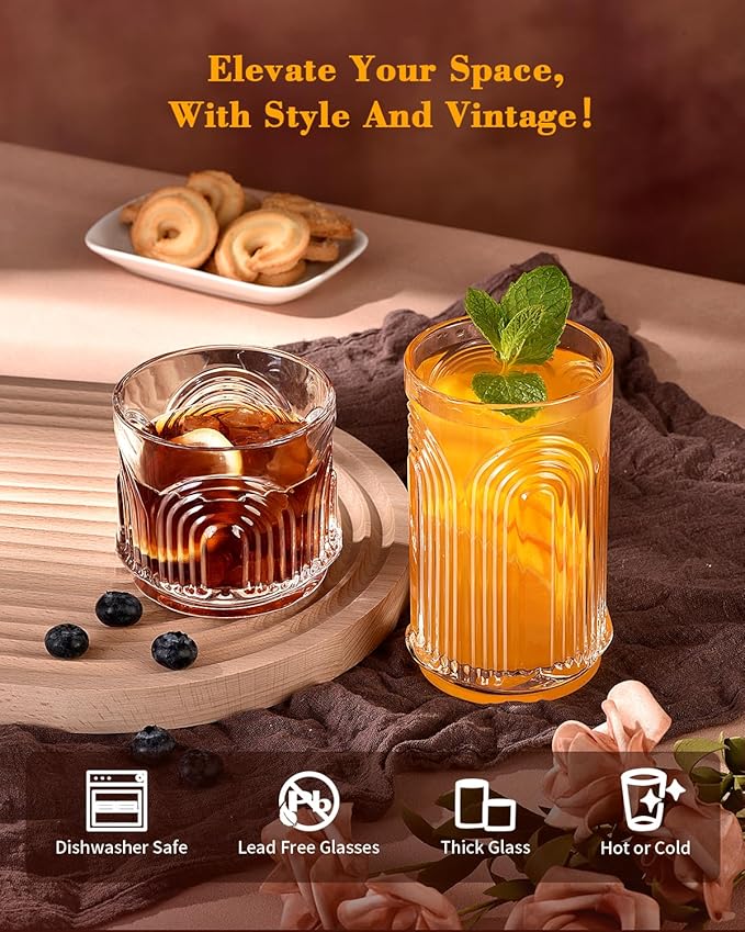 Arch Design Drinking Glasses Set of 8, Highball Glasses 15 oz and 8 oz, Ribbed Glass Cups, Cups for Kitchen, Vintage Glassware for Whiskey, Beer, Cocktail, Juice, Water