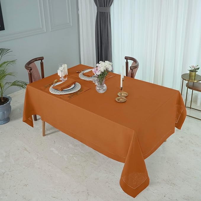 D'Moksha Homes Rust Linen Tablecloth 60 x 156 Inch - 100% Pure Linen Rust Tablecloth for Rectangle Tables - Classic Hemstitch, Machine Washable Table Cloth for Spring, Easter