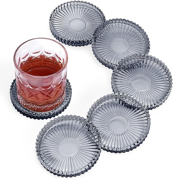 Vintage Glass Coasters, GOH DODD Set of 6 Crystal Coasters Tabletop Protection for Drinks, Home Decor, Kitchen, Living Room, Patio, Wedding, Party, Housewarming Gifts, Clear Black