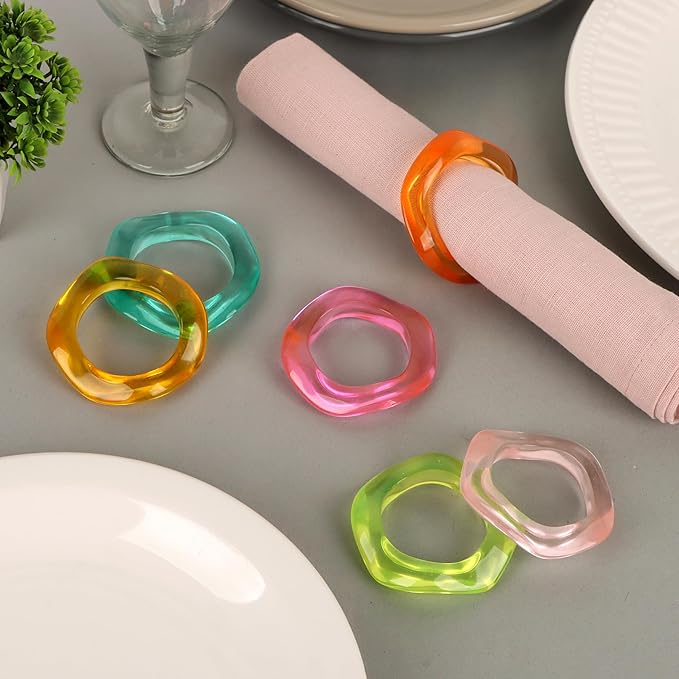 CLEENTABLE Epoxy Resin Spring Napkin Rings Set of 12 - Irregular Napkin Holders for Dining Table, Party Decor, Weddings, Everyday Use, Elegant Tabletop Accents (Multi Pastel)