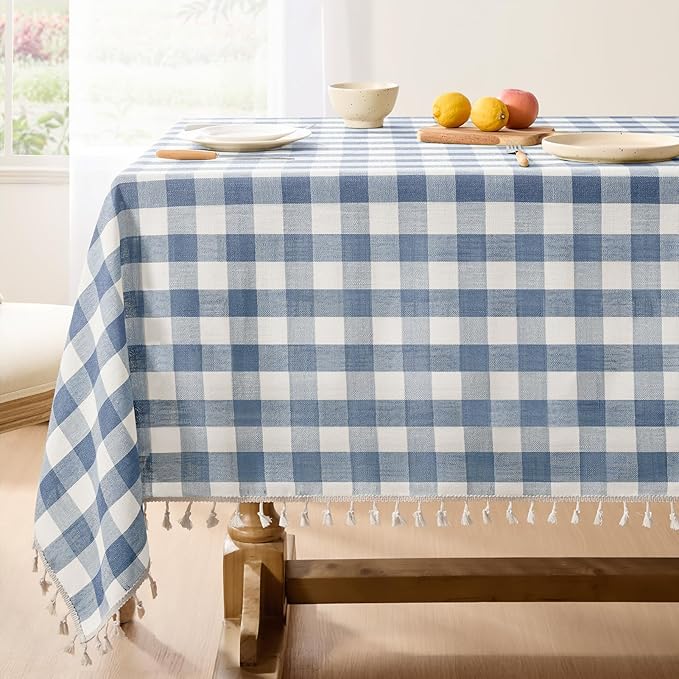 Softalker Checkered Tablecloth Rectangle, Outdoor Linen Cotton Gingham Table Cloth with Tassel, Heavy Duty Wrinkle Free Buffalo Plaid Table Cover for Kitchen Dining Home Party - 55 x 120 Inch, Blue