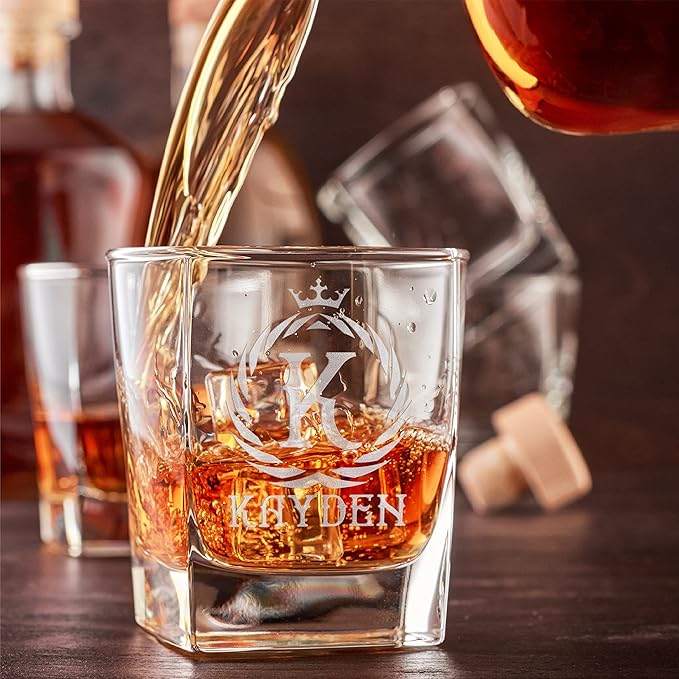 Customization Mill Set of 2, Monogrammed Whiskey Rocks Glasses w/ Name & Initial - Gifts for Men 9 Designs Personalized Bourbon Custom Birthday Dad, Old Fashioned Scotch
