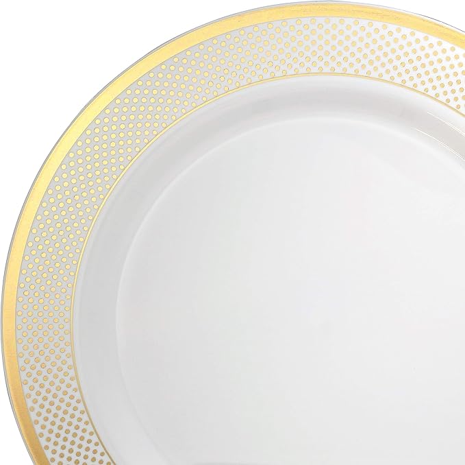 OCCASIONS 120 Plates Pack,(60 Guests) Heavyweight Premium Wedding Party Disposable Plastic Plates Set -60 x 10.5'' Dinner + 60 x 7.5'' Salad/Dessert (Sundance White & Gold Rim)