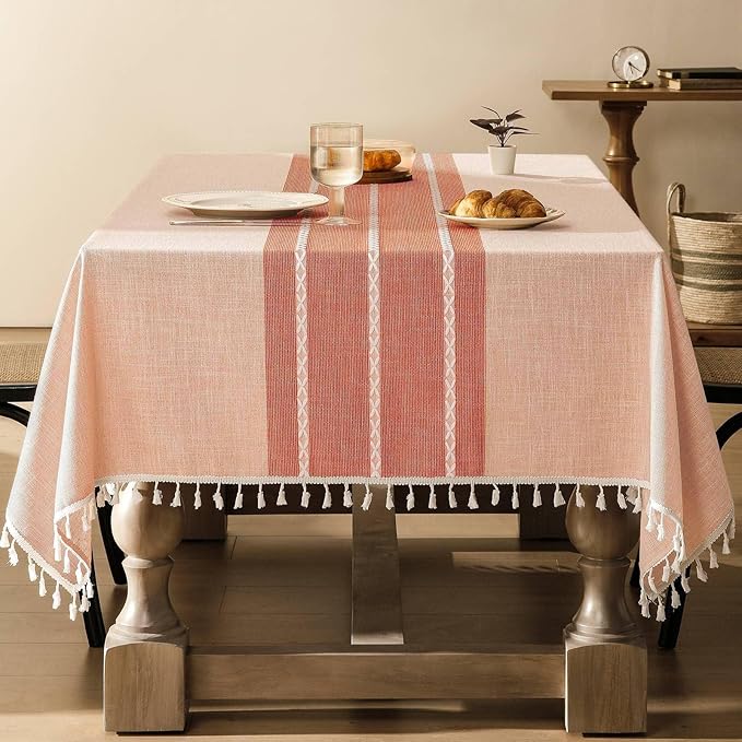 ZeeMart Contrast Linen Table Cloth Rectangle Table Cloths 60x104 Inch Orange, Farmhouse Style Heavy Weight Burnt Orange Fall Tablecloth, Water Resistant Burlap Tablecloths