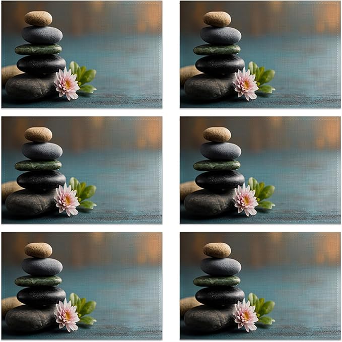Spa Stones 12x18 Inch Placemats Set of 6 - Waterproof, Non-Slip & Washable Garden Flower Table Mats for Kitchen & Dining Table Placemats