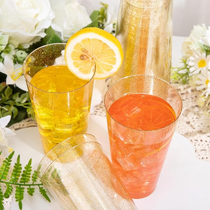 I00000 16 oz Gold Plastic Cups, 50 Pack Gold Glitter Plastic Cups Tumblers Disposable Party Cup Wedding Cup, Heavy-duty Plastic Disposable Glasses Ideal for Birthday, Wedding & Party