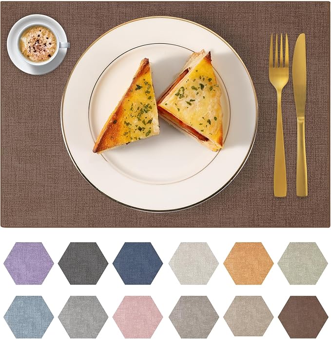Faux Leather Placemats Set of 6 Washable PU Table mats for Kitchen Table - Heat Resistant, Waterproof, Easy Clean, Anti Slip 11.8" x 17" (Dark Brown-6 Pack)
