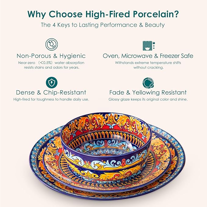 vancasso Plates and Bowls Sets,12-Piece Porcelain Dinnerware Set Service for 4, Bohemian Style Dishes Set for 4, Kitchen Dinner Set, Microwave and Dishwasher Safe, Scratch Resistant, Series KRVI