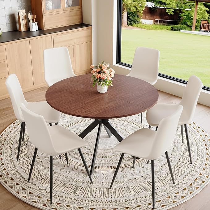 Round Dining Table Set for 6｜42"-54" Extendable Dining Room Table Set｜Wooden Kitchen Table with 6 Chairs｜Mid Century Modern Dinner Table Set with Cross Legs｜Easy Assembly｜Space Saving