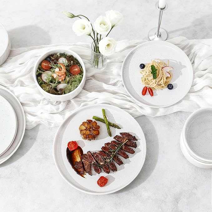 GZG Modern Art Series - 18 Pcs Speckled Stoneware Plates and Bowls Sets, Ceramic Dinnerware Set with Rustic Terracotta Underside, Microwave and Dishwasher Safe Handcrafted Dishes Set - Porcelain White