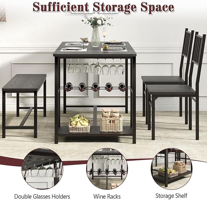 4 EVER WINNER Dining Table Set for 4, 55" Small Kitchen Table with Wine Rack & Wine Glasses Holder, Dining Room Table Set with 2 Chairs and Bench for Small Space, Black