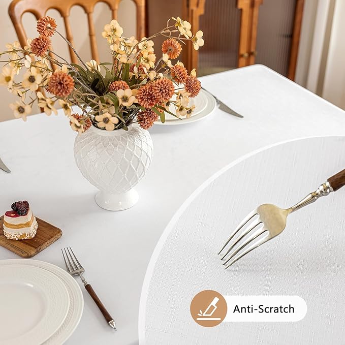 Textured White Fabric Table Cloth Rectangle Spill Proof & Washable Faux Linen Tablecloth for 6 Ft Rectangular Table Reusable for Dining Wedding Banquet 60 x 84 Inch