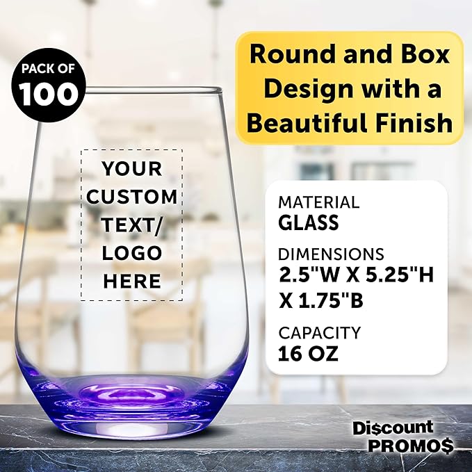 DISCOUNT PROMOS 100 Vaso Silicia Stemless Wine Glasses Set, 16 oz. - Personalized Text, Logo - Clear, Orb-Like, Thick base - Purple