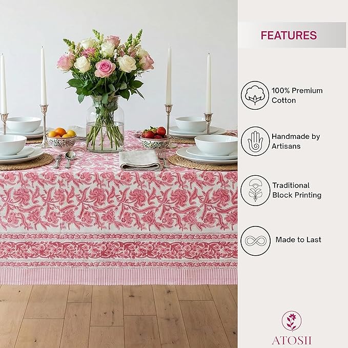 ATOSII Red Bloom 100% Cotton Tablecloth, Handblock Print Rectangle Table Cover for Kitchen Dining I Tabletop Linen I Parties, Wedding, Spring Summer Table Cloth 60 X 108 Inches