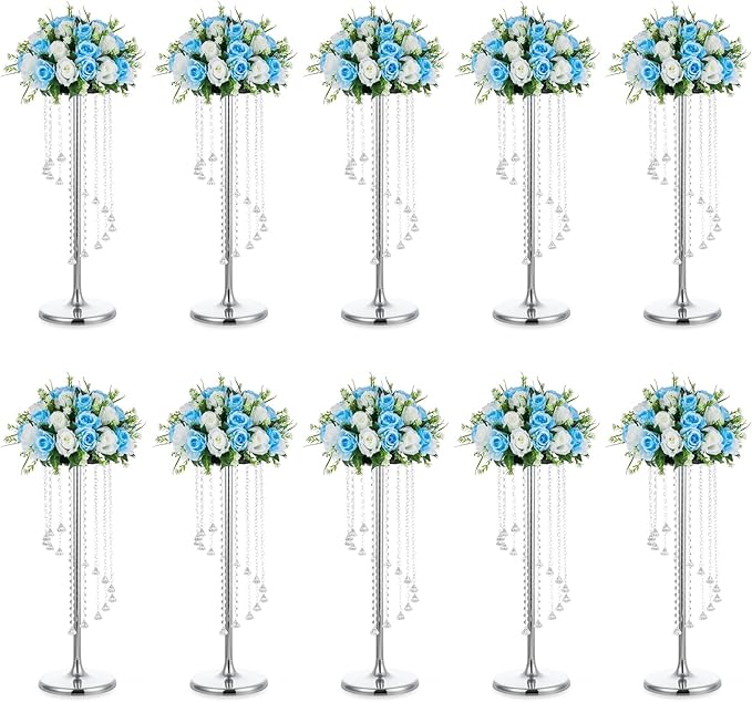 Nuptio Wedding Centerpieces Silver Vases: 10 Pcs 27.6in Tall Crystal Flower Vase Metal Flowers Stand for Party Tables Decorations - Elegant Bulk Weddings Decoration Table Chandelier Centerpiece stands