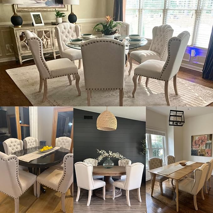 chairus Tufted Parsons Dining Chairs Set of 2, French Country Upholstered Dining Room Chairs with Nailhead Trim & Curved Wood Legs, Farmhouse High Back Armless Side Kitchen Chairs, Beige Linen