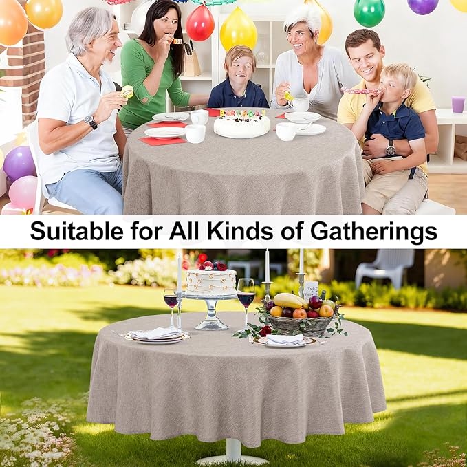 JIUZHEN Round Table Cloth Faux Linen Farmhouse Tablecloth Wrinkle and Stain Resistant Decorative Fabric Table Cover for Kitchen, Dining Room, Parties and Camping, Stone, 90 Inch Round
