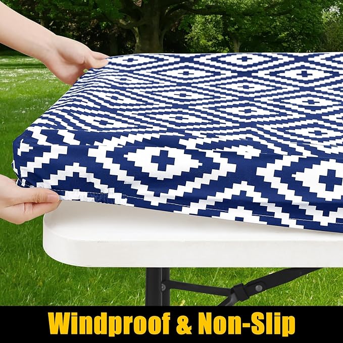 Smiry Rectangle Table Cloth Cover, Waterproof Elastic Fitted Picnic Tablecloth for 8 Foot Tables, Wipeable Flannel Backed Vinyl Tablecloths for Camping, Dining, Outdoor (Navy, 30" x 96")