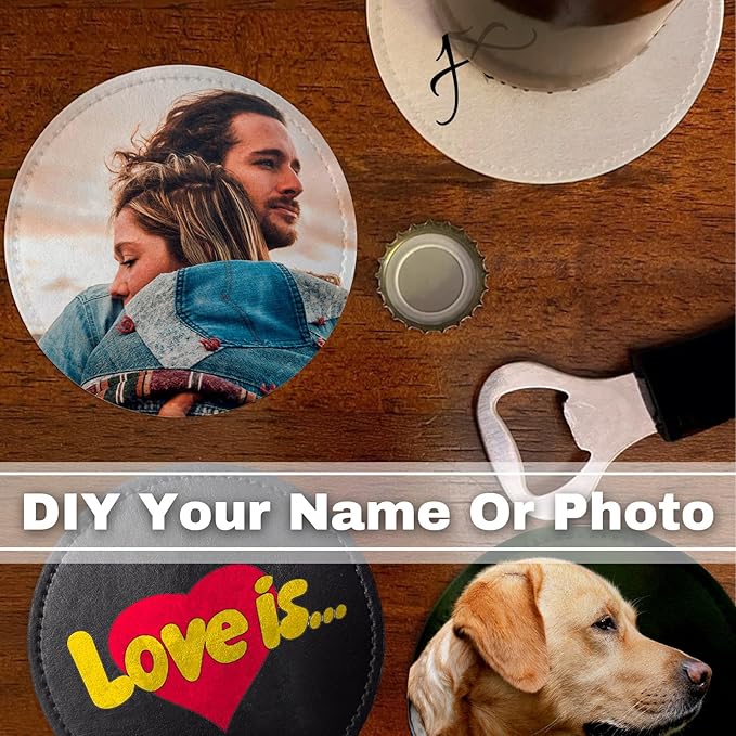 Custom Leather Coasters Set of 6 with Holder, Personalized Coasters with Logo Photo Text,Customized Coaster for Coffee Table Bar Wine Cup Kitchen Desktop Decor (Style 2)