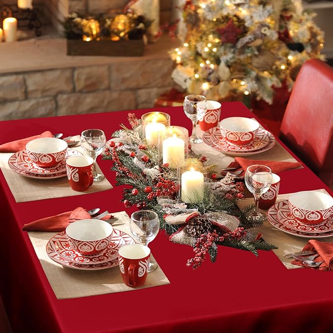 sancua Rectangle Tablecloth - 90 x 132 Inch - Water Resistant Spill Proof Washable Polyester Table Cloth, Decorative Fabric Table Cover for Dining Tables, Buffet Parties and Camping, Red