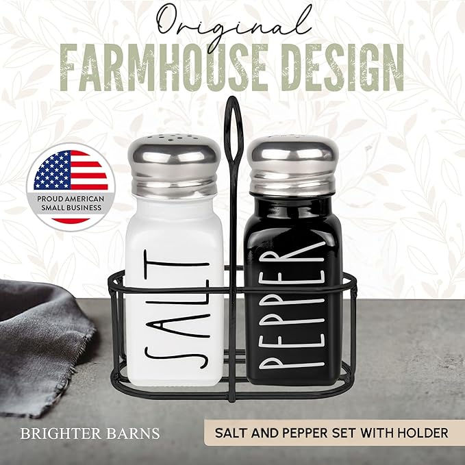 Salt and Pepper Shakers Set with Holder by Brighter Barns - Cute Modern Farmhouse Kitchen Decor, Table Decor - Vintage Glass Black White Shaker Set with Caddy and Stainless Steel Lids (Black/White)