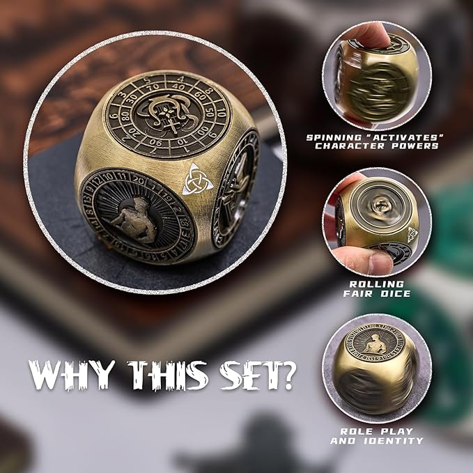 Metal Fidget Spinner,7 in 1 Unique Polyhedral Fantasy Gaming Dice for Tabletop RPG Accessories(Bronze)