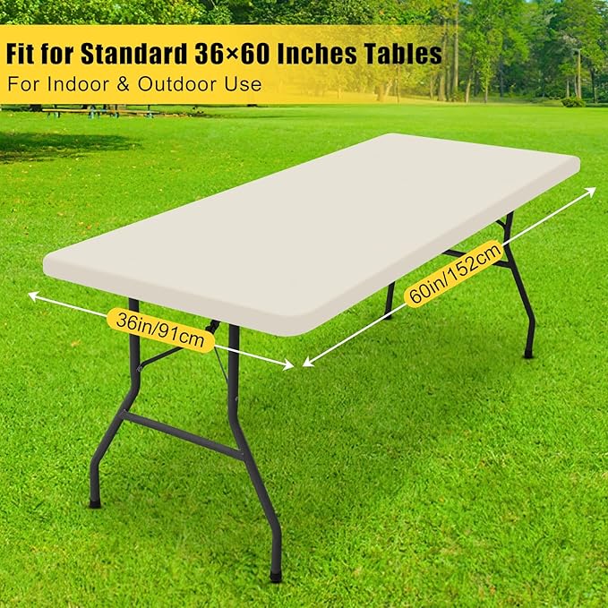 Smiry Rectangle Tablecloth, Elastic Fitted Flannel Backed Vinyl Tablecloths for 6ft Folding Tables, Waterproof Wipeable Table Covers for Indoor, Outdoor, Picnic and Camping (Beige, 36"x72")