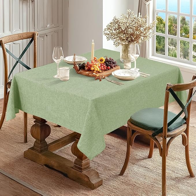 JIUZHEN Rectangle Table Cloth Faux Linen Farmhouse Tablecloth Wrinkle and Stain Resistant Decorative Fabric Table Cover for Kitchen, Dining Room, Parties and Camping, Sage Green, 52 x 70 Inch