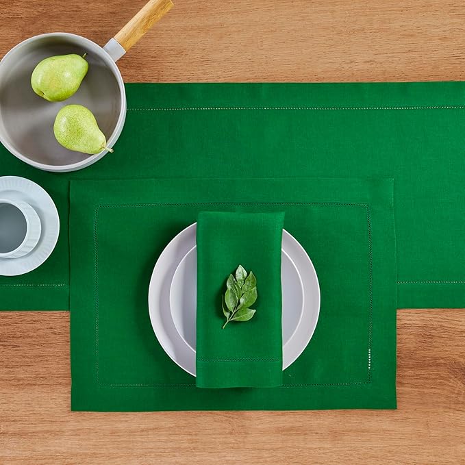 Solino Home Linen Table Runner 48 Inches - 100% Pure Linen Garden Green Hemstitch Table Runner 14 x 48 Inch Ideal for Dresser and Coffee Tables - Classic Hemstitch - Winter, St Patricks Day, Easter