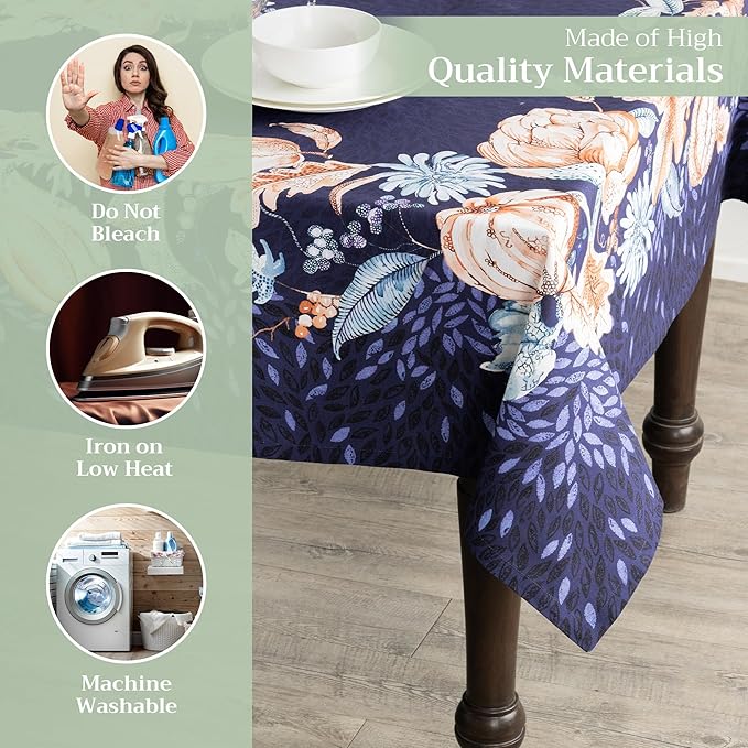 Maison d' Hermine Table Cloth Rectangle Table 100% Cotton 54 x 72 Inches Fall Tablecloth Reusable Everyday Use for Thanksgiving Christmas Decorations Dining Farmhouse Party (Pumpkin Blues)