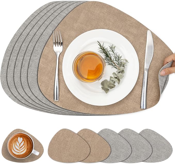 Placemats and Coasters, Washable Placemats Round Faux Leather Wipeable Place Mats Non Slip Heat Resistant Indoor Outdoor Table Mats (Set of 6, Light Gray Beige)