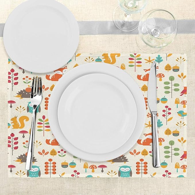 Ambesonne Cartoon Place Mats Set of 4, Autumn Pattern Owl Fox Squirrel Birds Animal Leaves Print, Washable Fabric Placemats for Dining Table, Standard Size, Cream Orange