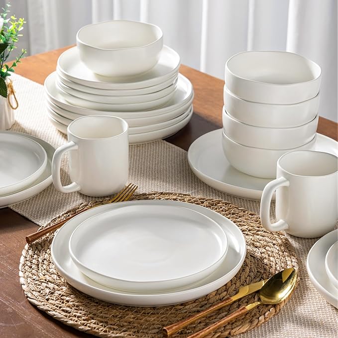AmorArc Ceramic Dinnerware Sets, Wavy Rim Stoneware Plates and Bowls Sets,Dishwasher & Microwave & Oven Safe Dishes set, Service for 8 (24pc)-Matte White