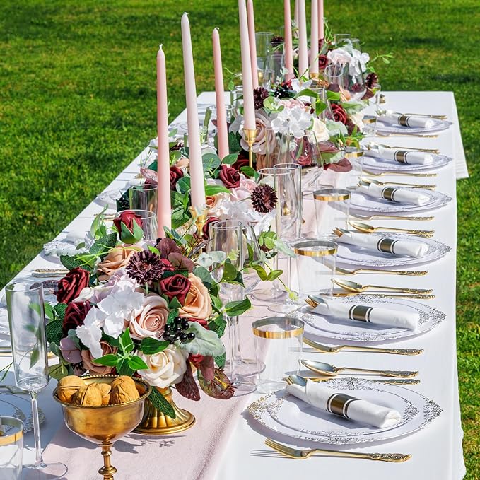 Nervure 350PCS Gold Plastic Plates - Gold Plastic Dinnerware Sets for 50 Guests - 100 Disposable Plates, 150 Silverware, 50 Cups, 50 Napkins for Wedding & Party
