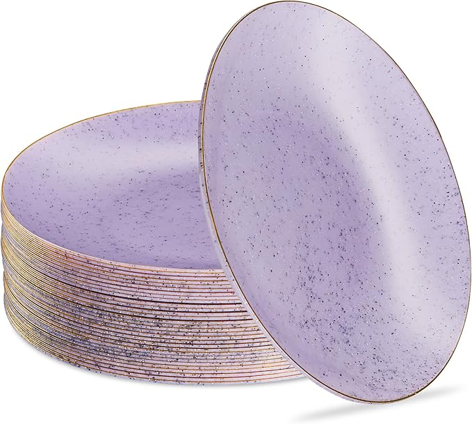 PLASTICPRO 30 Pack Disposable Plastic Plates Heavyweight Granite Look Elegant 10 inch Dinner Plates Purple with Gold Rim