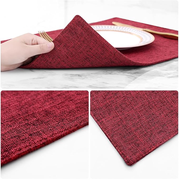 homing Cotton Linen Placemats Set of 6, Cloth Washable Farmhouse Dining Table Mats for Indoors & Outdoors, Easy to Clean, Red, 13 x 19 Inch