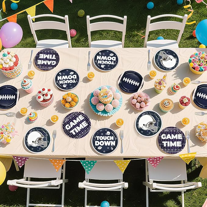 60Pcs Cowboys Football Party Supplies 9” Navy Blue Football Paper Plates Footballs Themed Plates Disposable Tableware for Game Day Sports Birthday Party Supplies