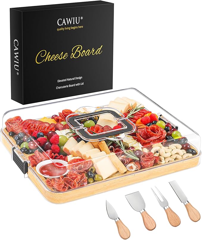 Portable Travel Charcuterie Board with Lid and Handle - Large Bamboo Cheese Board with 4 Cheese Knife Set for Outdoor, Picnics - Weddings, House Warming Gift for Women (6 Compartments, Black)