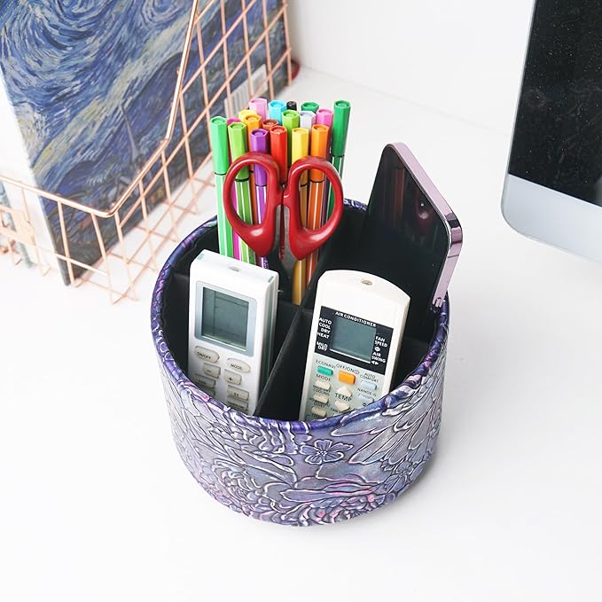 Round Leather Art Supply Organizer,Remote Control Holder,360 Degree Spinning,Multi-Functional Pencil Holder,4 Compartments Desktop Stationary Organizer(1-Rich Flower Purple)
