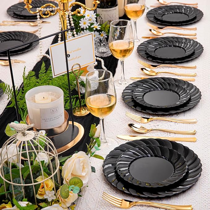 U-QE 100PCS Black Plastic Plates, Heavy Duty Black Disposable Plates Including 50PCS 9inch Dinner Plates & 50PCS 6.5inch Dessert Plates -Hard Plastic Plates for Party Wedding Bridal Shower