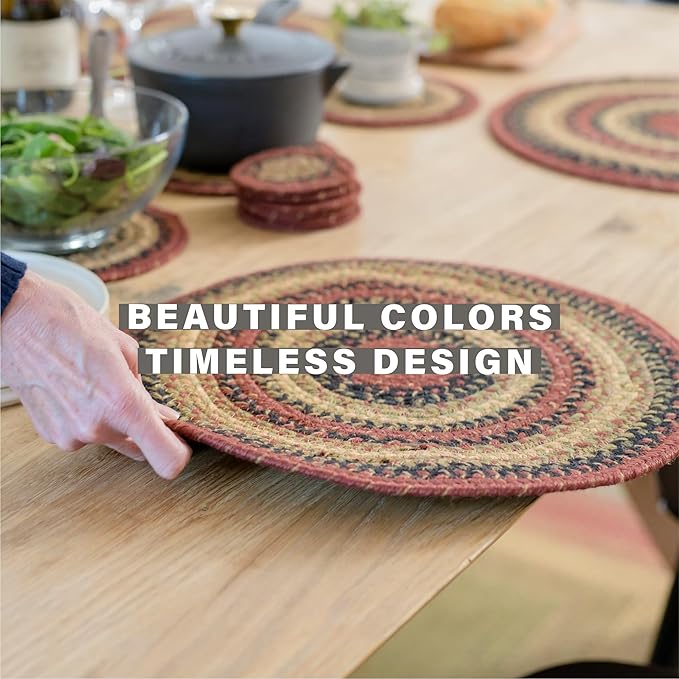 Homespice Highland Jute Woven Round Placemats Set of 6, 15", Warm Lodge and Country Decor, Multicolor Table Mats - Vibrant Colors, Durable, Easy to Clean and Protects Furniture