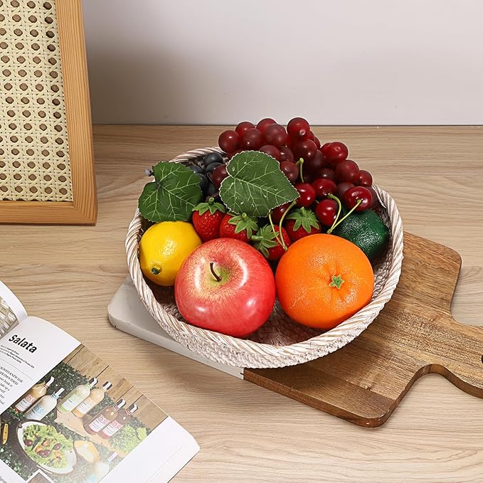 Hipiwe Decorative Key Tray Rattan Storage Bowl Food Serving Basket for Fruit Bread Candy Handwoven Basket Tray for Entryway Table Kitchen, Whitewash 8.6 Inch