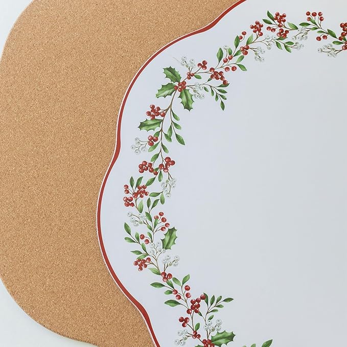 Benson Mills Cork Placemats Set of 4, Thick Cork Place Mats for Kitchen and Dining Tables, Easy Clean Table Mats for Christmas, Winter and Holidays (13.75" Round Set of 4, Holly Wreath)