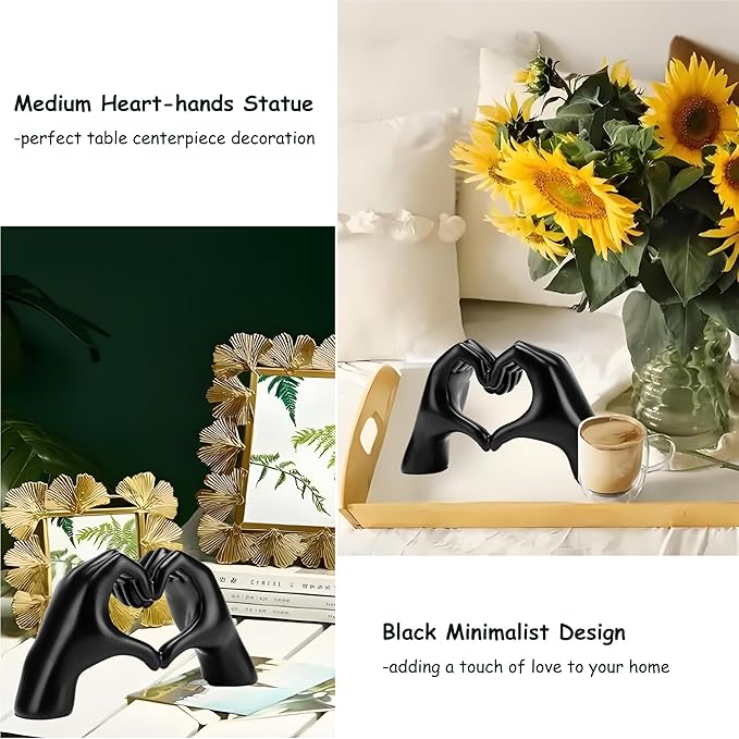 FANTESTICRYAN Medium Heart Hands Statues Black Hand Love Sculpture Decorative Home Decor Ornaments for Living Room, Wedding, Bedroom, Office Desktop, Cabinets, Bookshelf (Medium Black)