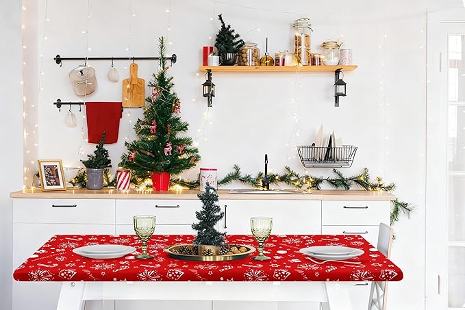 Smiry Rectangle Christmas Table Cloth, Waterproof Elastic Fitted Tablecloths for 6 Foot Tables, Washable Polyester Table Cover for Christmas Dinner (Snowflower, 30"x72")