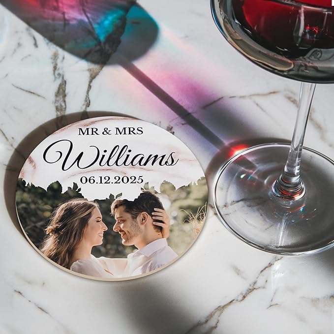 100 Pack Personalized Wedding Coasters, Custom Cardboard Coasters for Drinks with Photo Print and Text, Keepsake Wedding Favors and Gifts for Couples, 3.95" Round (Design 9)
